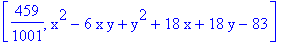 [459/1001, x^2-6*x*y+y^2+18*x+18*y-83]